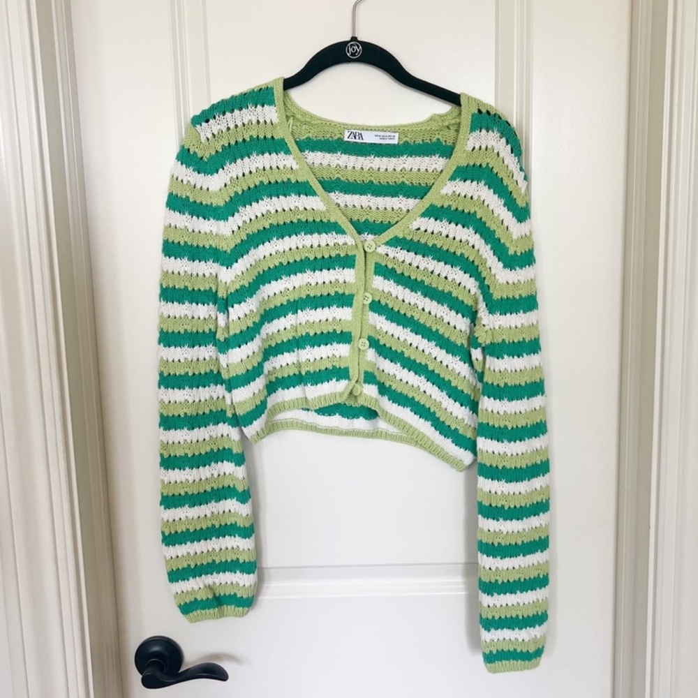 zara green knit striped button up sweater